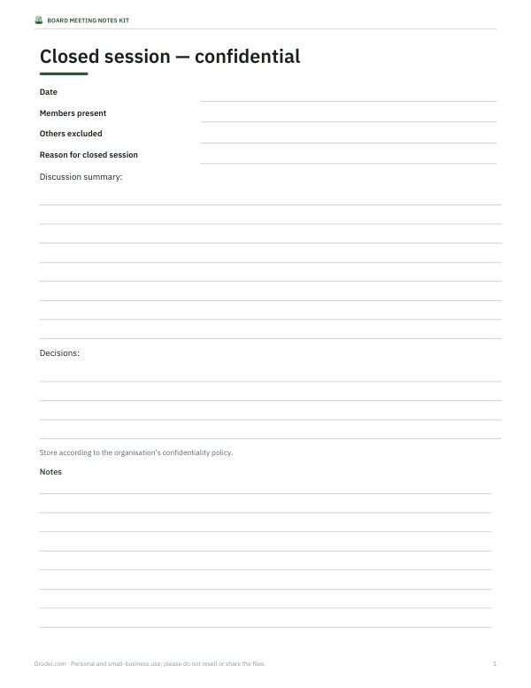 Preview of Closed Session Notes Template