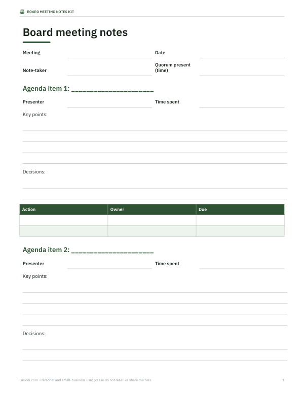 Preview of Printable Board Meeting Notes Template